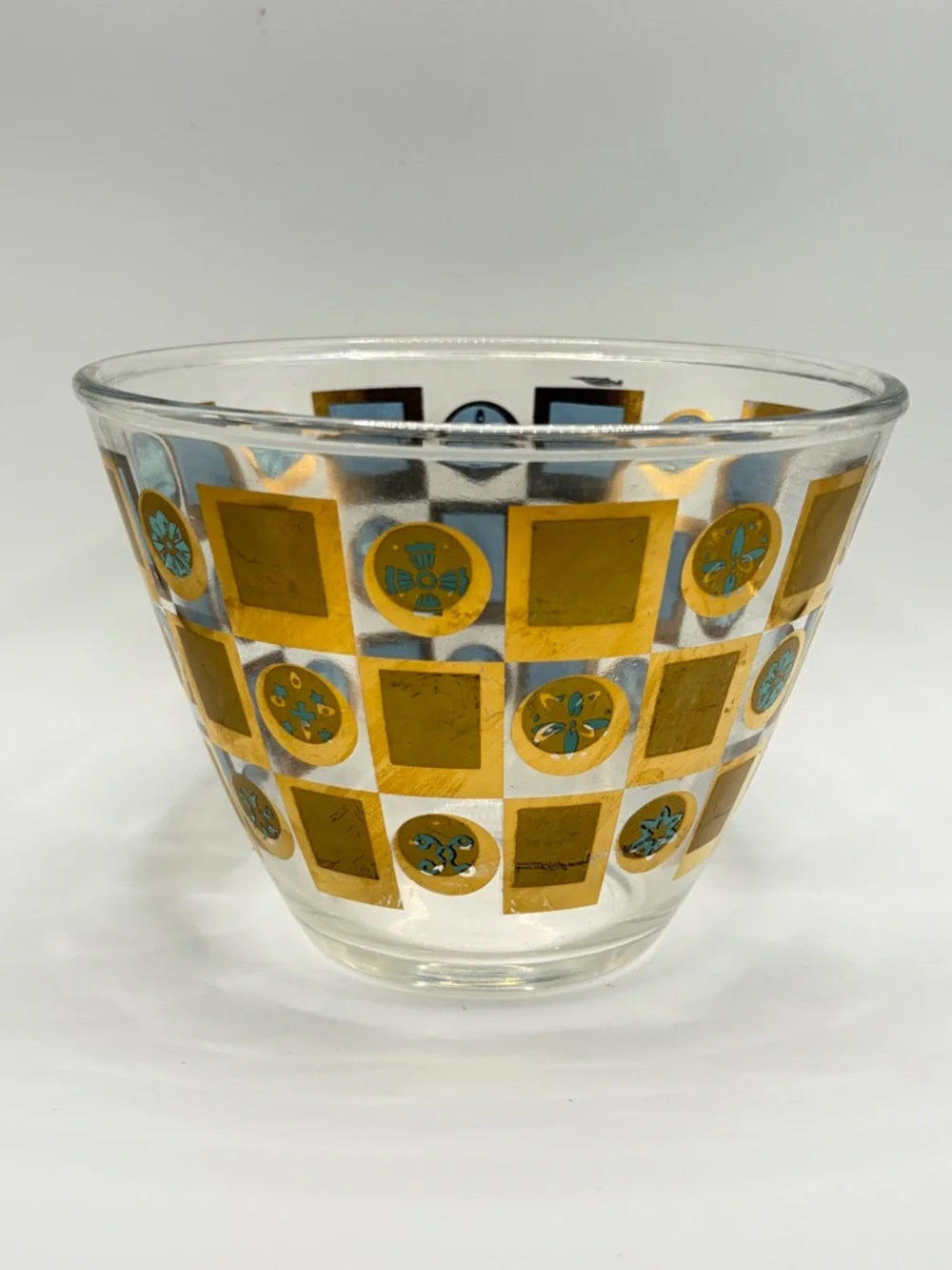 Vintage Mid Century Modern Gold Teal Checkered Glass Ice Bucket Serving Bowl